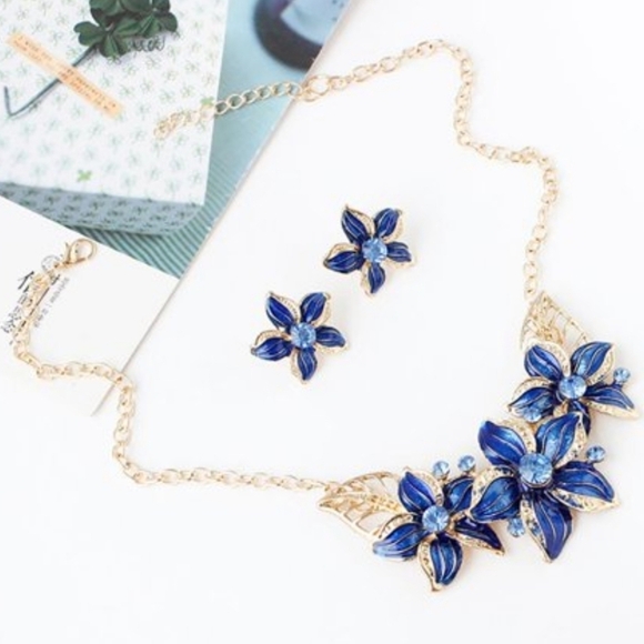 Gold Flower blue statement Necklace earrings jewelry set formal wedding 💖2/$30 - Picture 8 of 8